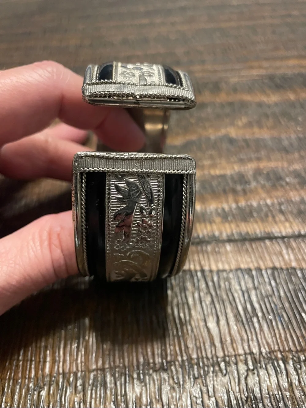 Hinged Silver Black Enamel Chunky Bangle Bracelet W Engraved Floral Vintage